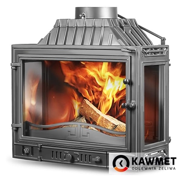 Чугунная каминная топка KAWMET W4 PLB 14.5 кВт с трёхсторонним стеклом (3D обзор)